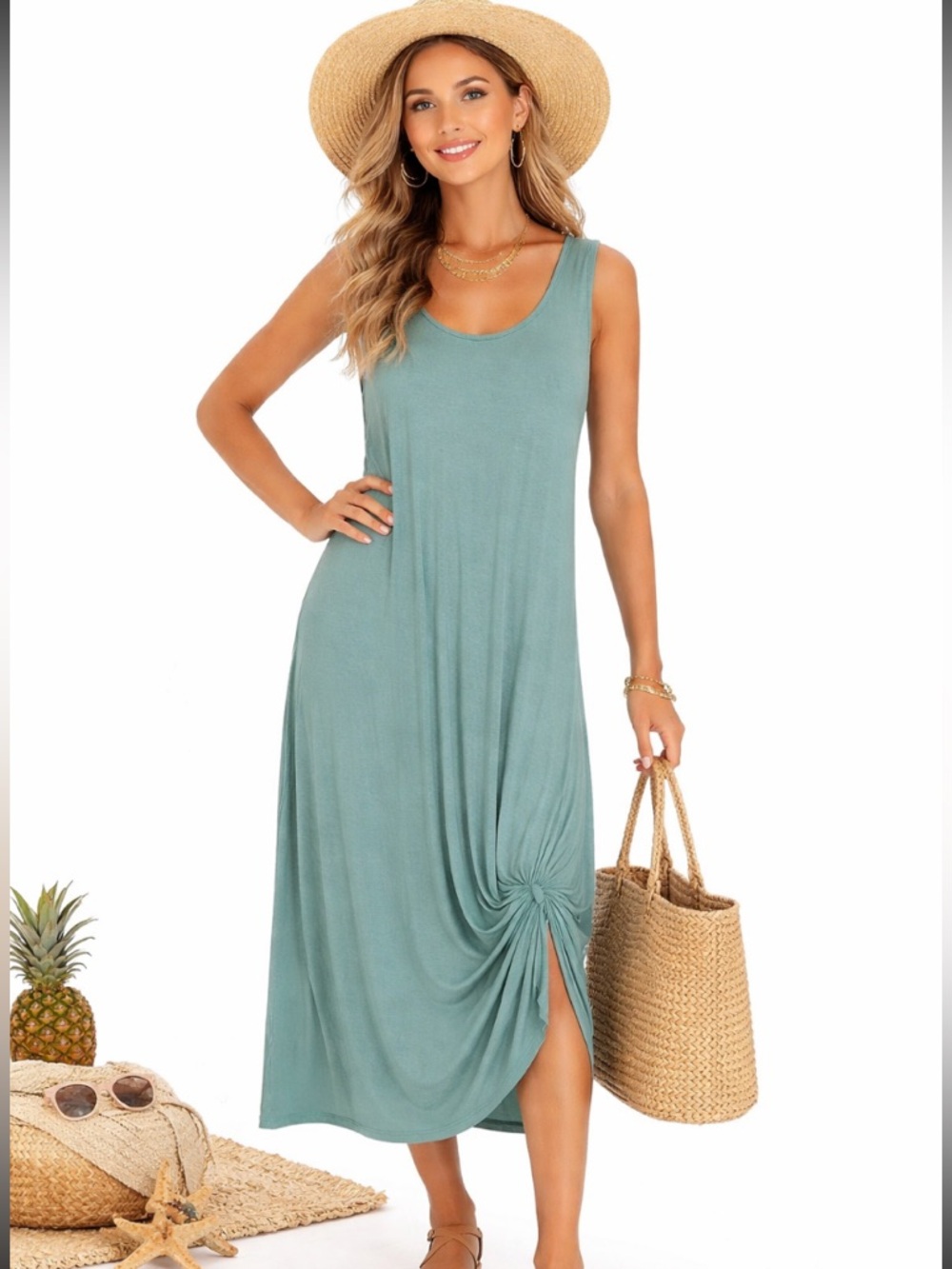 Lily Pad Green Lagenlook Boho Knot Hem Scoop Neck Sleeveless Midi Dress Size 3XL